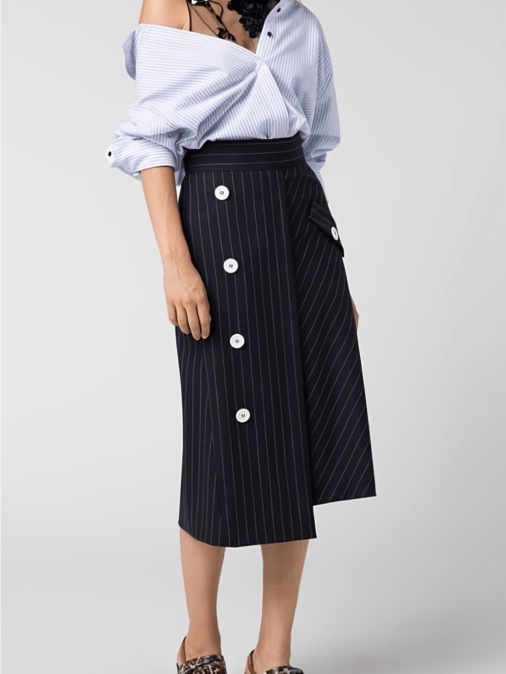 Dorothee Schumacher Navy Pinstripe Midi Skirt